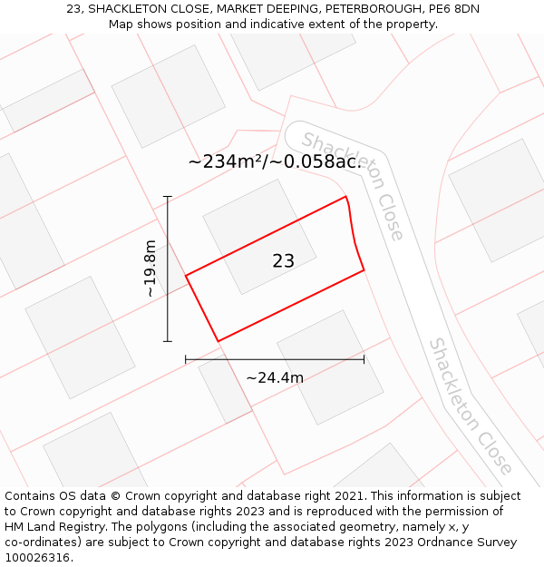 23, SHACKLETON CLOSE, MARKET DEEPING, PETERBOROUGH, PE6 8DN: Plot and title map