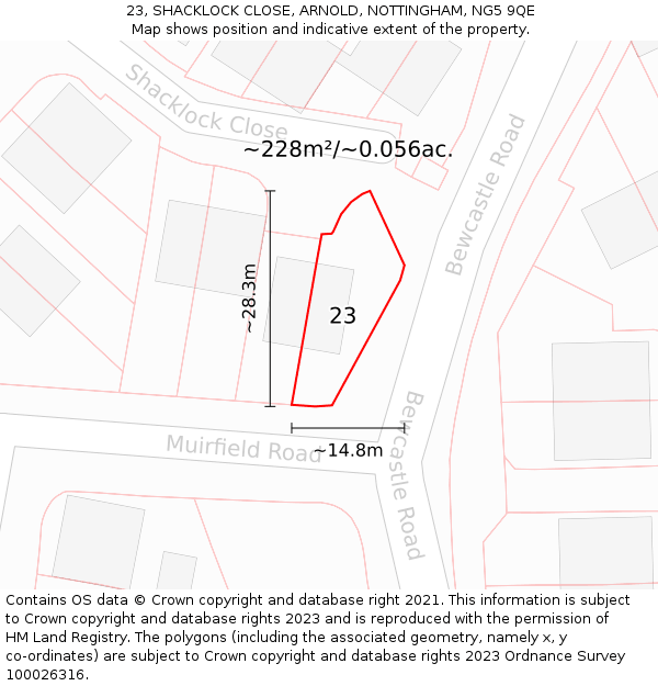 23, SHACKLOCK CLOSE, ARNOLD, NOTTINGHAM, NG5 9QE: Plot and title map