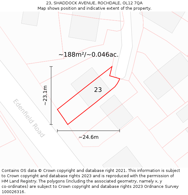 23, SHADDOCK AVENUE, ROCHDALE, OL12 7QA: Plot and title map