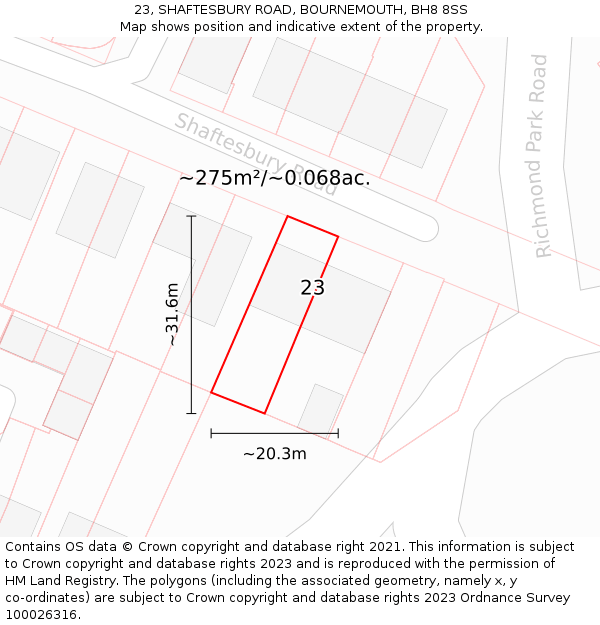 23, SHAFTESBURY ROAD, BOURNEMOUTH, BH8 8SS: Plot and title map