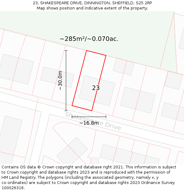 23, SHAKESPEARE DRIVE, DINNINGTON, SHEFFIELD, S25 2RP: Plot and title map