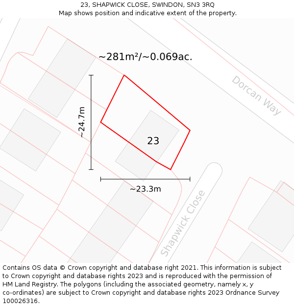 23, SHAPWICK CLOSE, SWINDON, SN3 3RQ: Plot and title map