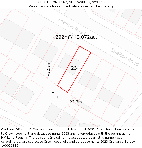 23, SHELTON ROAD, SHREWSBURY, SY3 8SU: Plot and title map