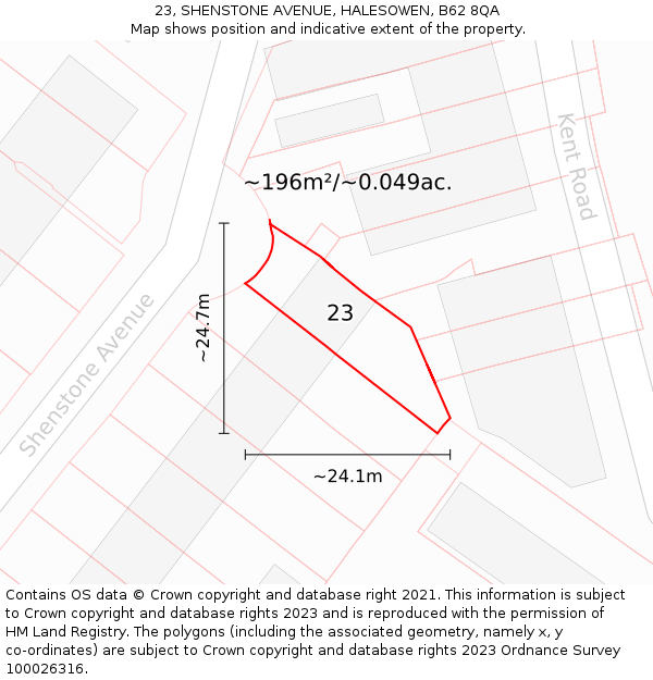 23, SHENSTONE AVENUE, HALESOWEN, B62 8QA: Plot and title map