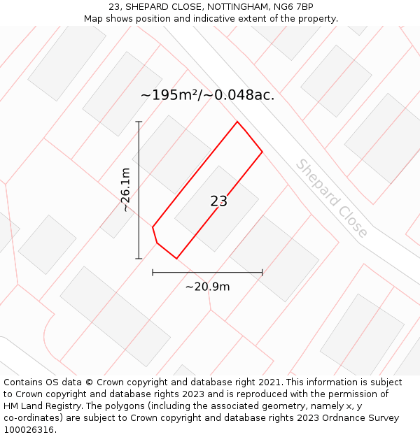 23, SHEPARD CLOSE, NOTTINGHAM, NG6 7BP: Plot and title map