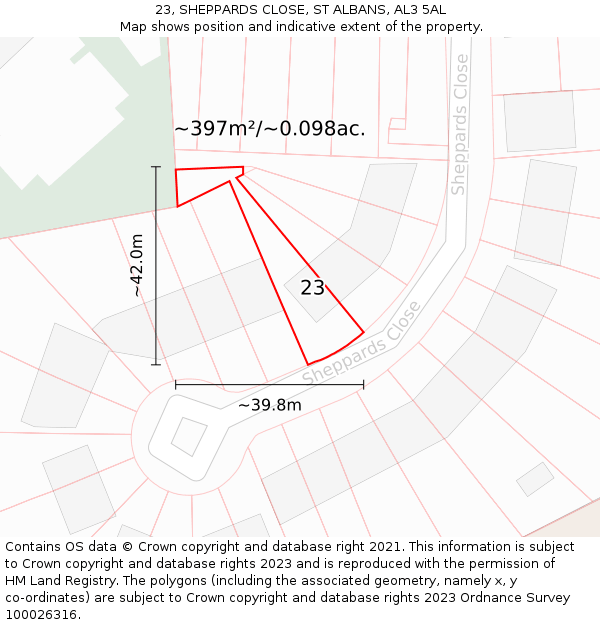 23, SHEPPARDS CLOSE, ST ALBANS, AL3 5AL: Plot and title map