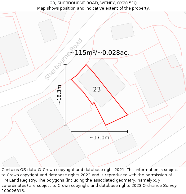23, SHERBOURNE ROAD, WITNEY, OX28 5FQ: Plot and title map