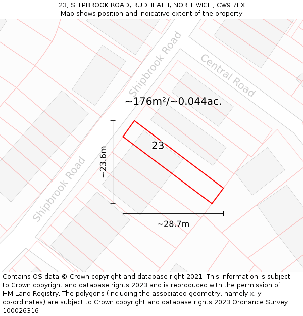 23, SHIPBROOK ROAD, RUDHEATH, NORTHWICH, CW9 7EX: Plot and title map