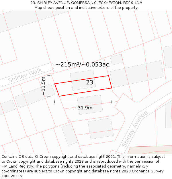 23, SHIRLEY AVENUE, GOMERSAL, CLECKHEATON, BD19 4NA: Plot and title map