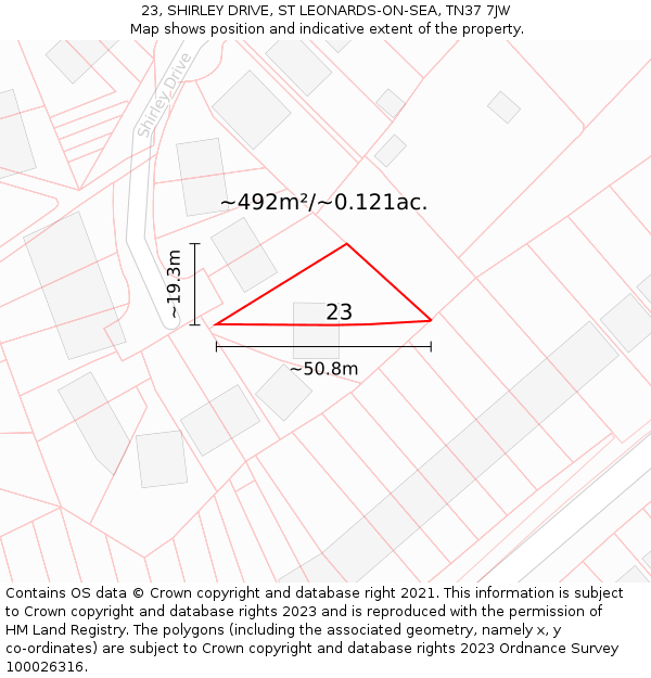 23, SHIRLEY DRIVE, ST LEONARDS-ON-SEA, TN37 7JW: Plot and title map