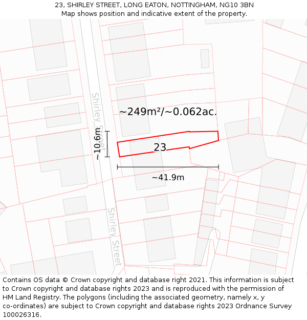 23, SHIRLEY STREET, LONG EATON, NOTTINGHAM, NG10 3BN: Plot and title map