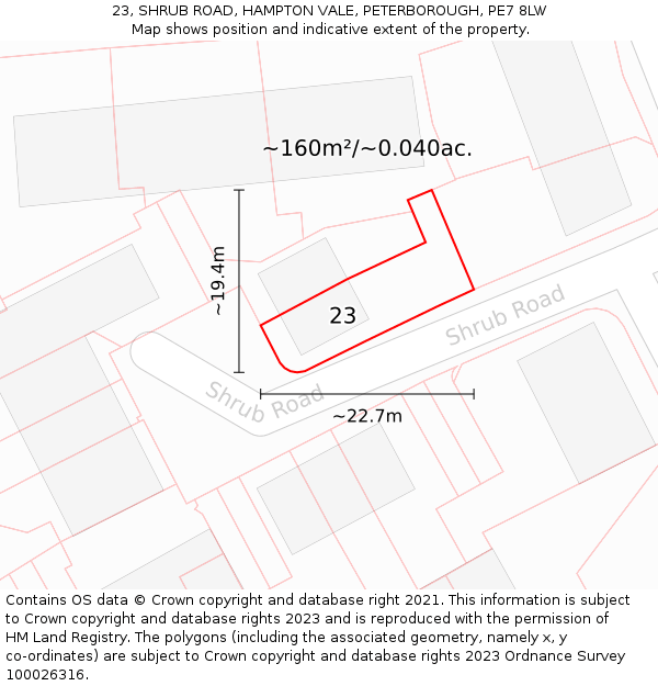 23, SHRUB ROAD, HAMPTON VALE, PETERBOROUGH, PE7 8LW: Plot and title map