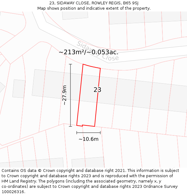 23, SIDAWAY CLOSE, ROWLEY REGIS, B65 9SJ: Plot and title map