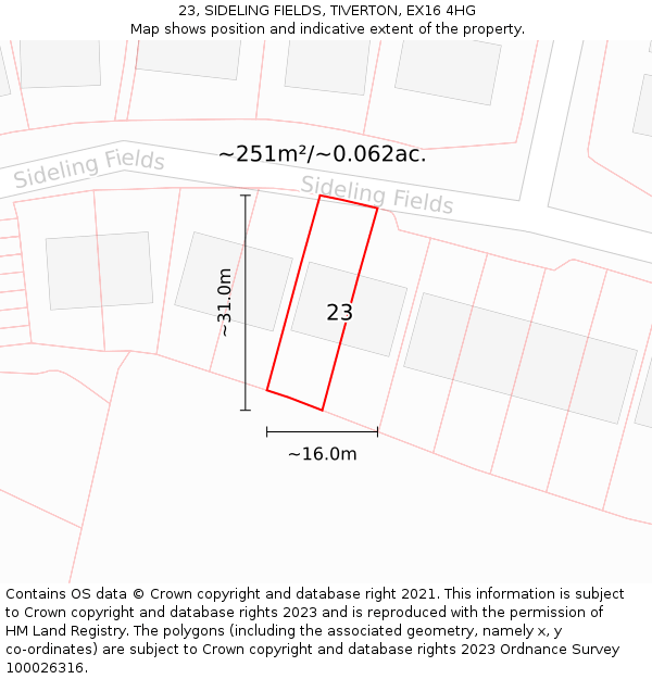 23, SIDELING FIELDS, TIVERTON, EX16 4HG: Plot and title map