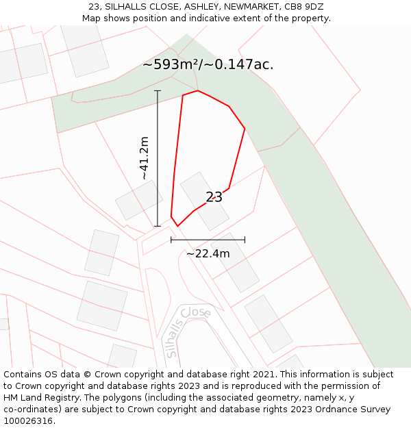 23, SILHALLS CLOSE, ASHLEY, NEWMARKET, CB8 9DZ: Plot and title map