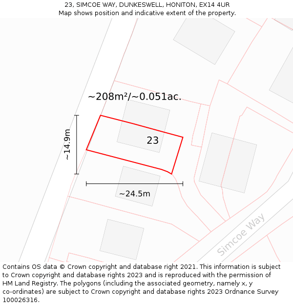 23, SIMCOE WAY, DUNKESWELL, HONITON, EX14 4UR: Plot and title map