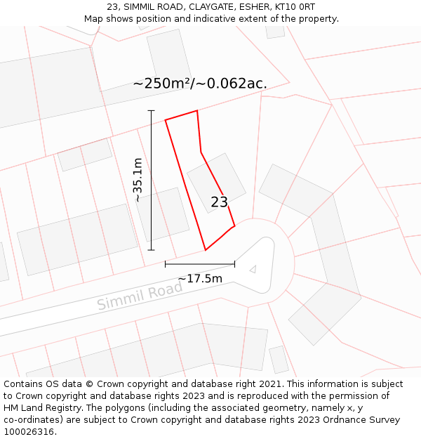 23, SIMMIL ROAD, CLAYGATE, ESHER, KT10 0RT: Plot and title map