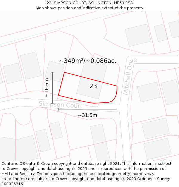 23, SIMPSON COURT, ASHINGTON, NE63 9SD: Plot and title map
