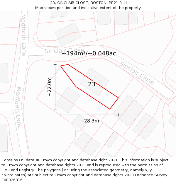23, SINCLAIR CLOSE, BOSTON, PE21 9LH: Plot and title map