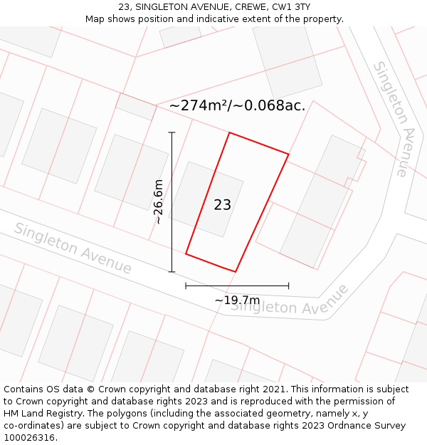 23, SINGLETON AVENUE, CREWE, CW1 3TY: Plot and title map