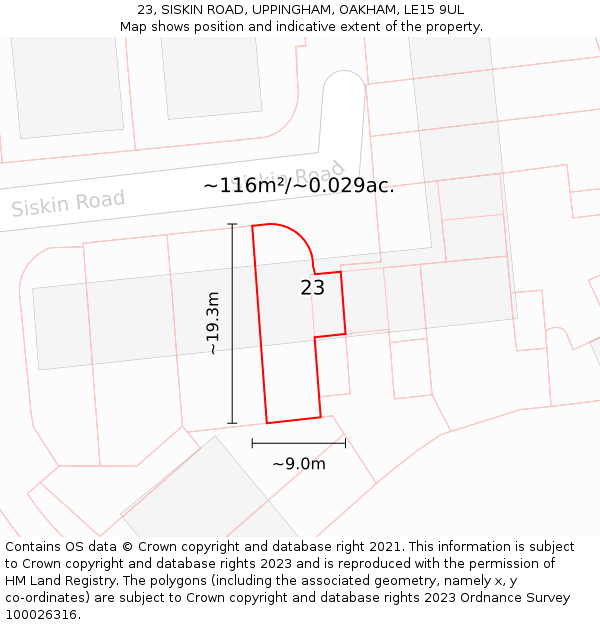 23, SISKIN ROAD, UPPINGHAM, OAKHAM, LE15 9UL: Plot and title map