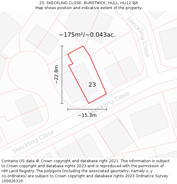 23, SKECKLING CLOSE, BURSTWICK, HULL, HU12 9JA: Plot and title map