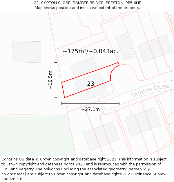 23, SKIPTON CLOSE, BAMBER BRIDGE, PRESTON, PR5 6HF: Plot and title map