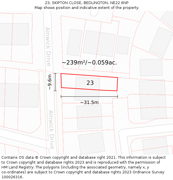 23, SKIPTON CLOSE, BEDLINGTON, NE22 6NP: Plot and title map