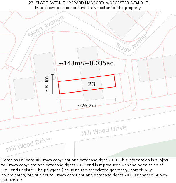 23, SLADE AVENUE, LYPPARD HANFORD, WORCESTER, WR4 0HB: Plot and title map