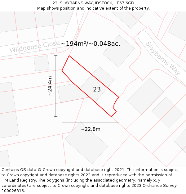 23, SLAYBARNS WAY, IBSTOCK, LE67 6GD: Plot and title map
