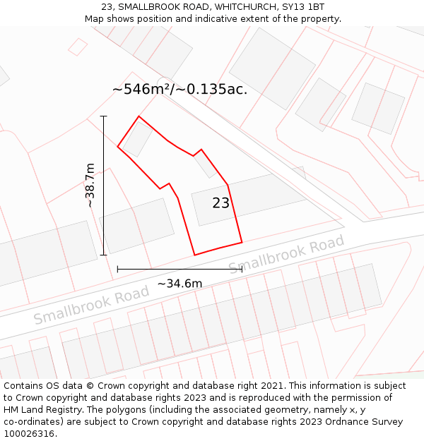 23, SMALLBROOK ROAD, WHITCHURCH, SY13 1BT: Plot and title map