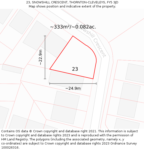 23, SNOWSHILL CRESCENT, THORNTON-CLEVELEYS, FY5 3JD: Plot and title map