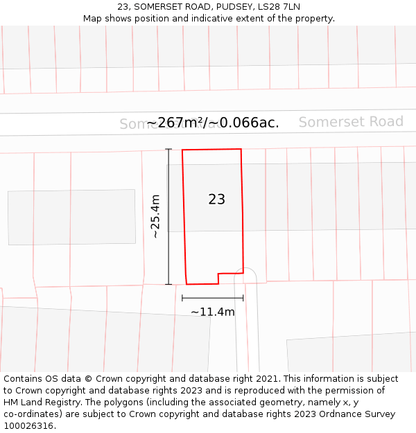 23, SOMERSET ROAD, PUDSEY, LS28 7LN: Plot and title map