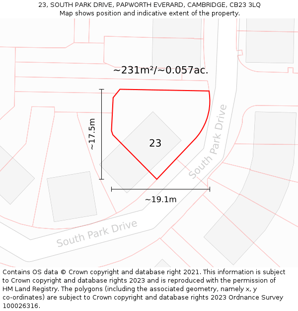 23, SOUTH PARK DRIVE, PAPWORTH EVERARD, CAMBRIDGE, CB23 3LQ: Plot and title map