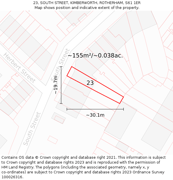 23, SOUTH STREET, KIMBERWORTH, ROTHERHAM, S61 1ER: Plot and title map