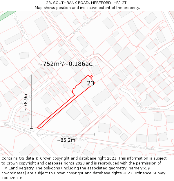 23, SOUTHBANK ROAD, HEREFORD, HR1 2TL: Plot and title map