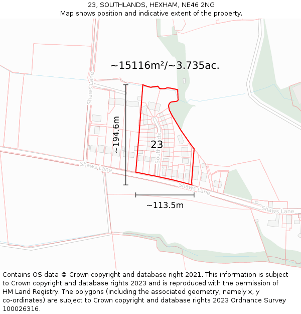 23, SOUTHLANDS, HEXHAM, NE46 2NG: Plot and title map