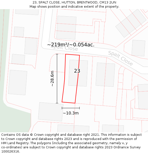 23, SPALT CLOSE, HUTTON, BRENTWOOD, CM13 2UN: Plot and title map
