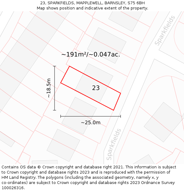 23, SPARKFIELDS, MAPPLEWELL, BARNSLEY, S75 6BH: Plot and title map