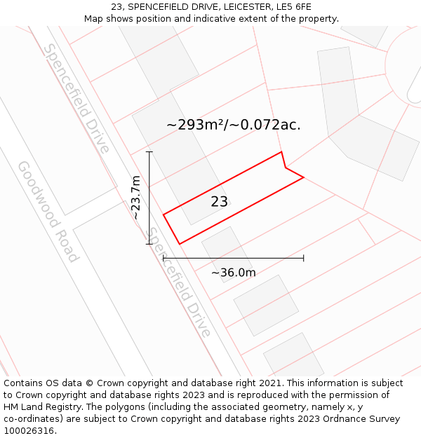 23, SPENCEFIELD DRIVE, LEICESTER, LE5 6FE: Plot and title map