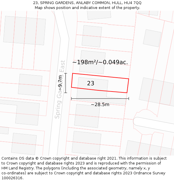 23, SPRING GARDENS, ANLABY COMMON, HULL, HU4 7QQ: Plot and title map