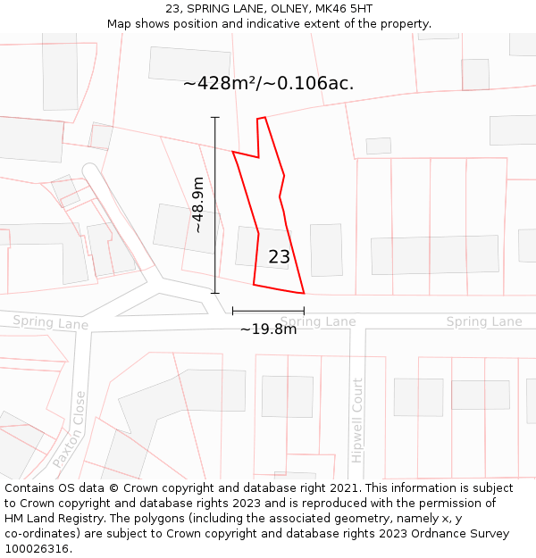 23, SPRING LANE, OLNEY, MK46 5HT: Plot and title map