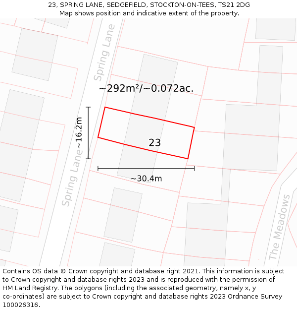 23, SPRING LANE, SEDGEFIELD, STOCKTON-ON-TEES, TS21 2DG: Plot and title map
