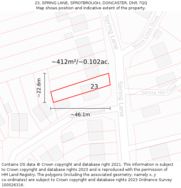 23, SPRING LANE, SPROTBROUGH, DONCASTER, DN5 7QQ: Plot and title map