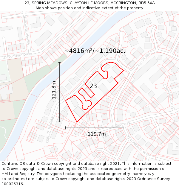 23, SPRING MEADOWS, CLAYTON LE MOORS, ACCRINGTON, BB5 5XA: Plot and title map
