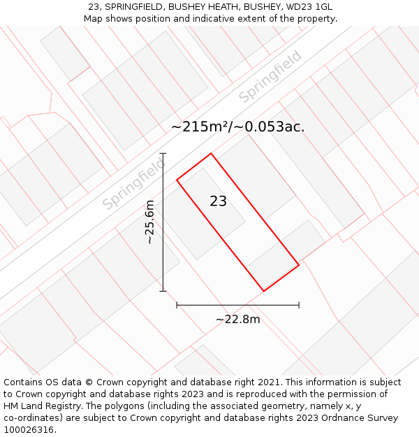 23, SPRINGFIELD, BUSHEY HEATH, BUSHEY, WD23 1GL: Plot and title map