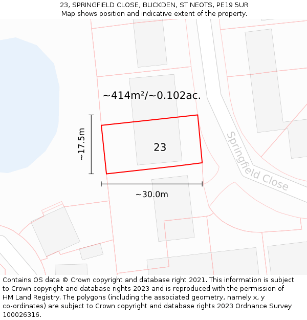 23, SPRINGFIELD CLOSE, BUCKDEN, ST NEOTS, PE19 5UR: Plot and title map