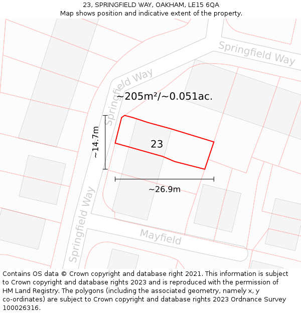 23, SPRINGFIELD WAY, OAKHAM, LE15 6QA: Plot and title map