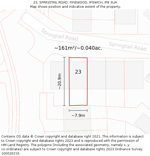 23, SPRINGTAIL ROAD, PINEWOOD, IPSWICH, IP8 3UA: Plot and title map