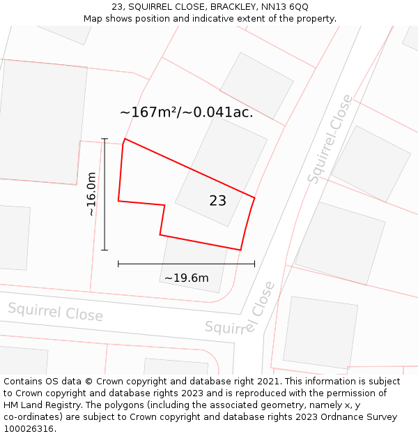 23, SQUIRREL CLOSE, BRACKLEY, NN13 6QQ: Plot and title map